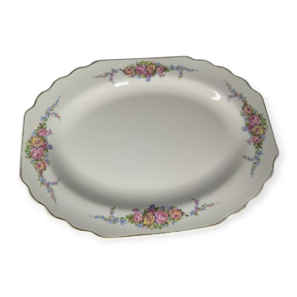Vintage W.S. George Floral Rim Serving Platter with Pink Flowers Gold Trim - Picture 1 of 13